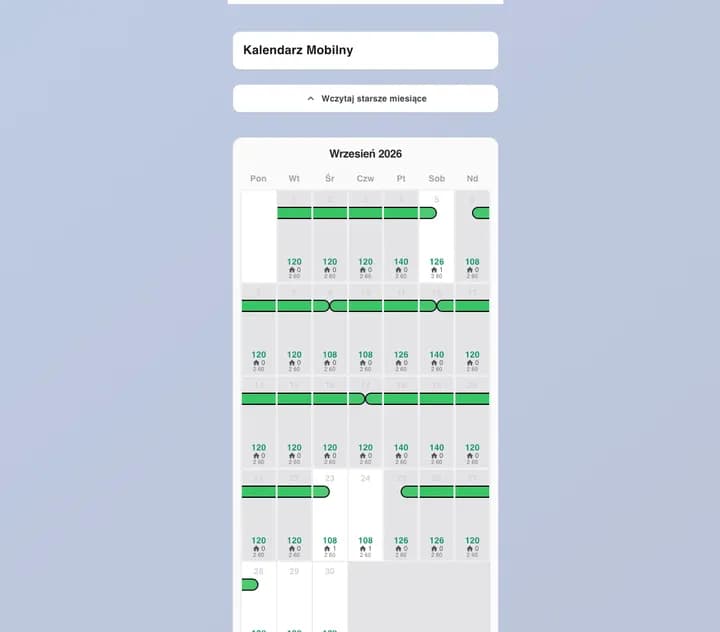 Calendario mobile Simplevent con prezzi e disponibilità sul telefono