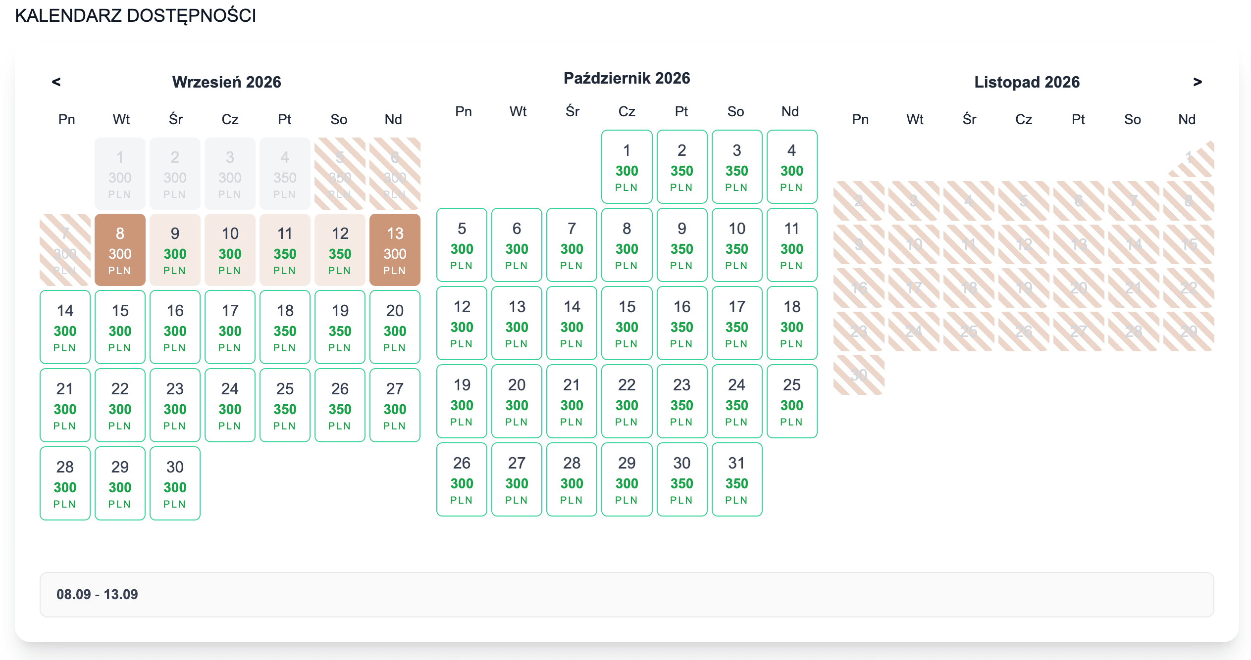 Calendario di disponibilità live